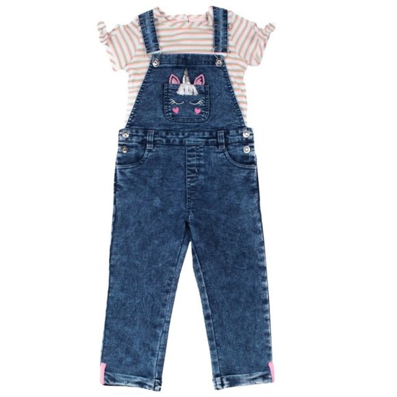 Little Lass Other - Baby Toddler Girl 2 pc Unicorn Denim Overall & Top Set Size 24 months NWT